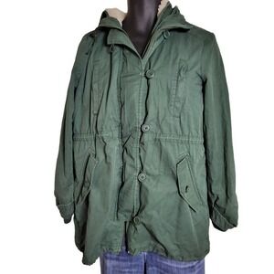 GAP Army Green Coat Women Sz M Faux Sherpa Lined Button Up Hooded Utility Jacket